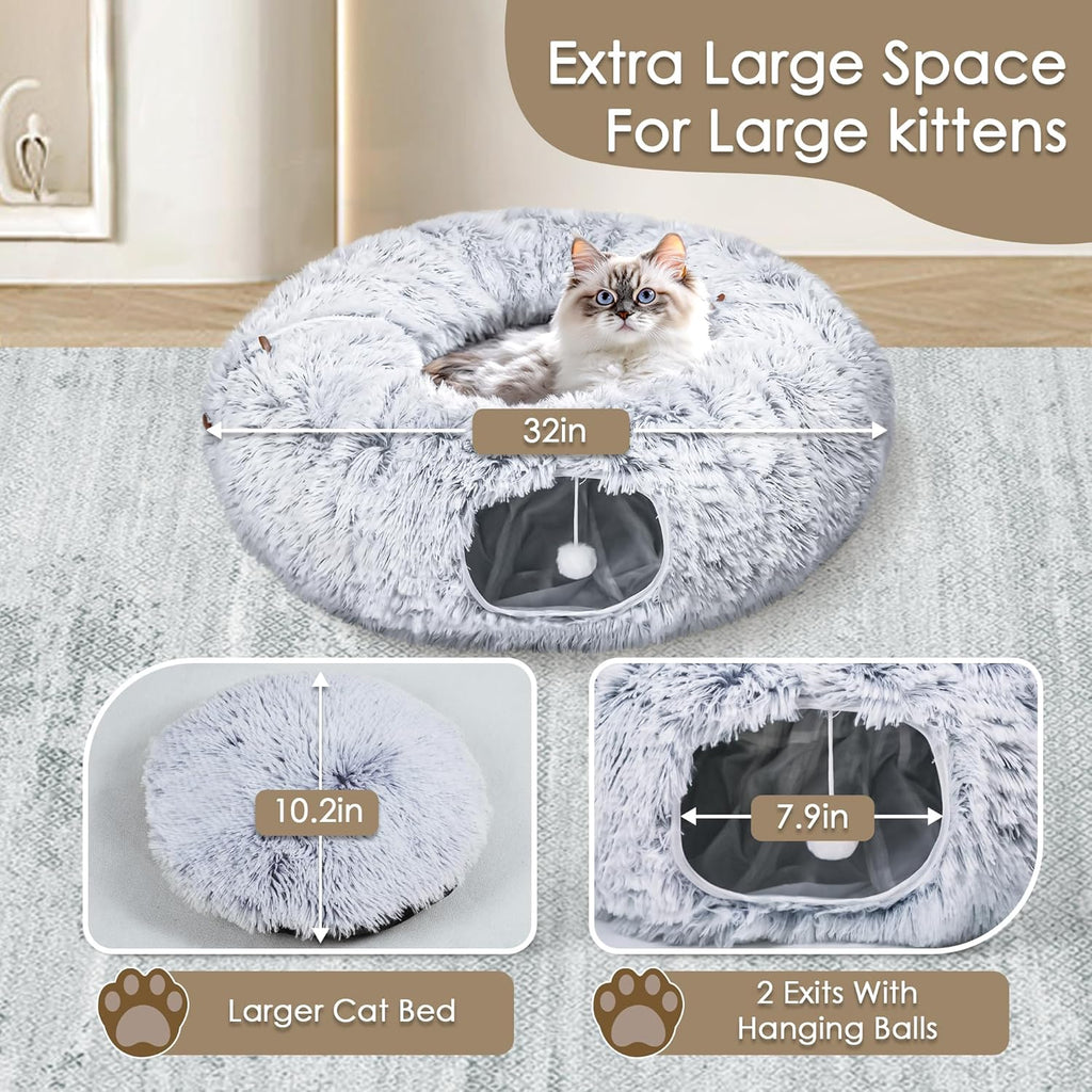 Grey Cat Cave Tunnel with Washable Soft Mat – Indoor Pet Bed & Play Area