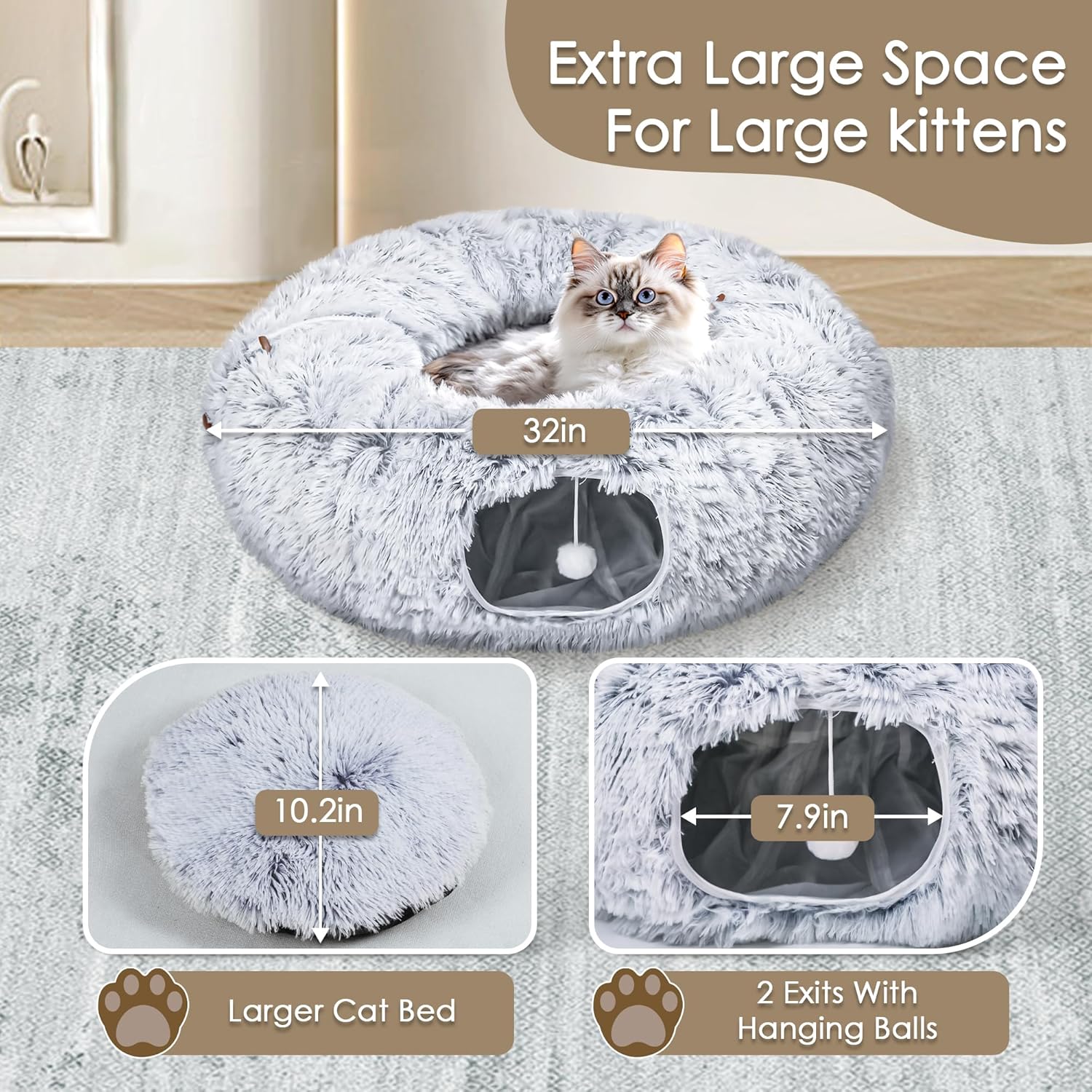 Grey Cat Cave Tunnel with Washable Soft Mat – Indoor Pet Bed & Play Area