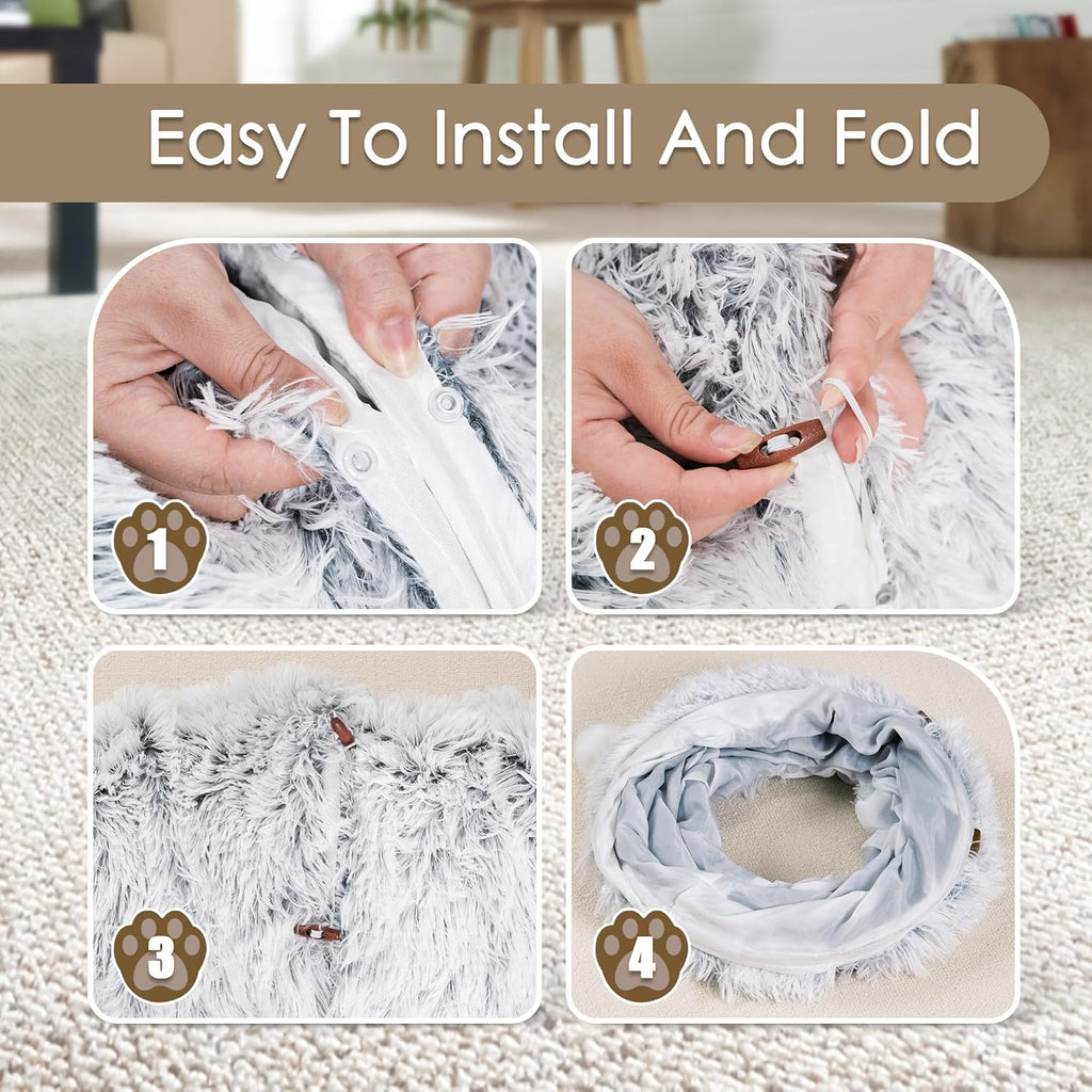 Grey Cat Cave Tunnel with Washable Soft Mat – Indoor Pet Bed & Play Area