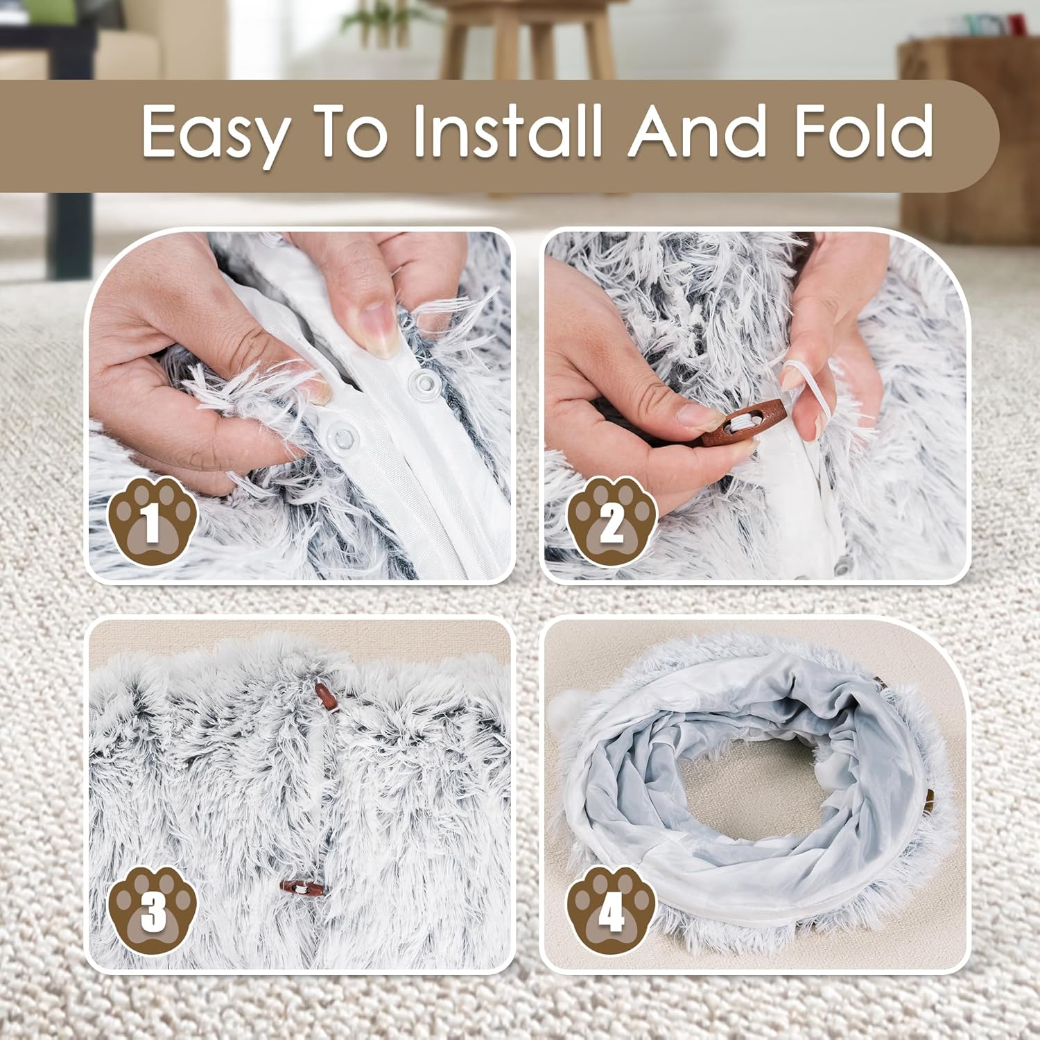 Grey Cat Cave Tunnel with Washable Soft Mat – Indoor Pet Bed & Play Area