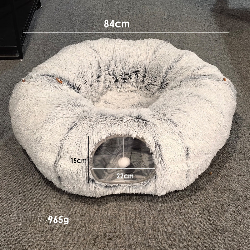 Grey Cat Cave Tunnel with Washable Soft Mat – Indoor Pet Bed & Play Area