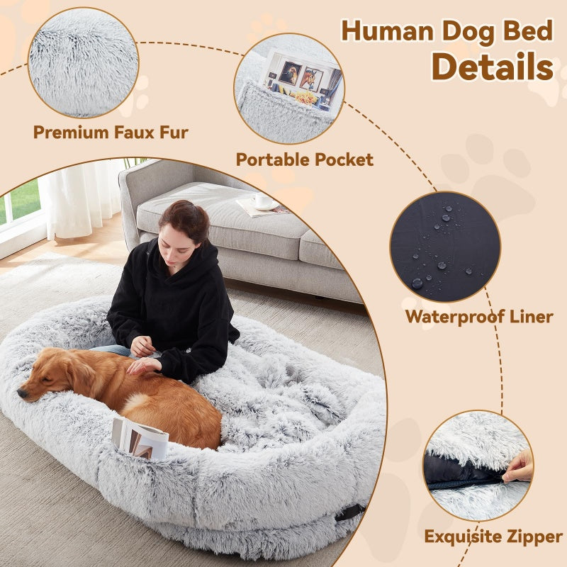Large Orthopedic Human & Dog Bed – Washable Faux Fur, Grey