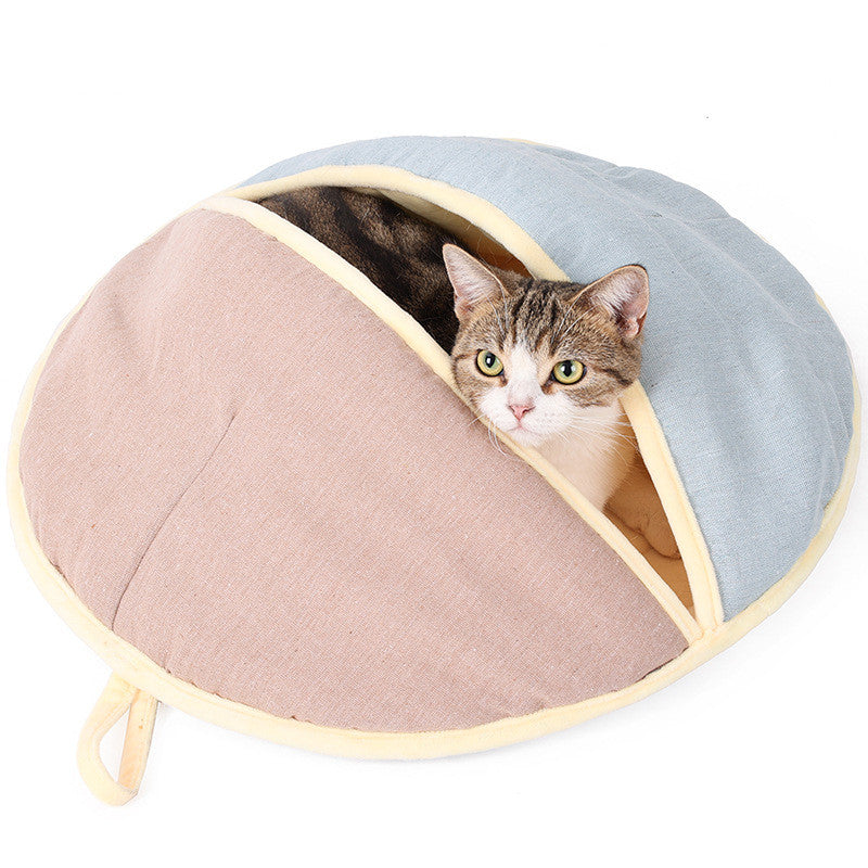 Round Cotton & Linen Semi-Enclosed Pet Nest – Warm & Cozy