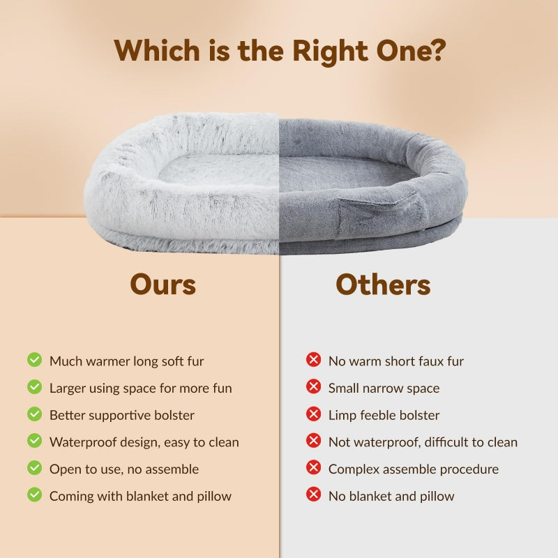 Large Orthopedic Human & Dog Bed – Washable Faux Fur, Grey