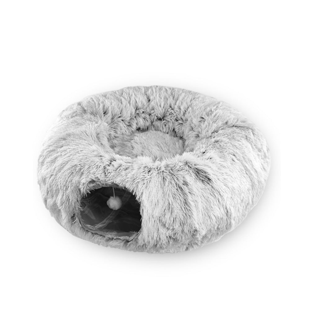 Grey Cat Cave Tunnel with Washable Soft Mat – Indoor Pet Bed & Play Area