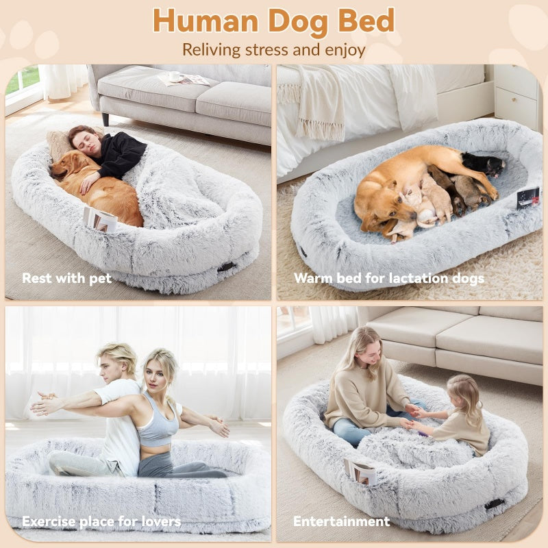 Large Orthopedic Human & Dog Bed – Washable Faux Fur, Grey