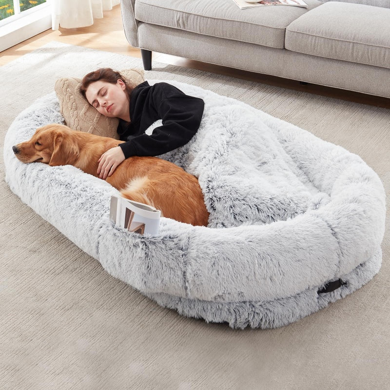 Large Orthopedic Human & Dog Bed – Washable Faux Fur, Grey