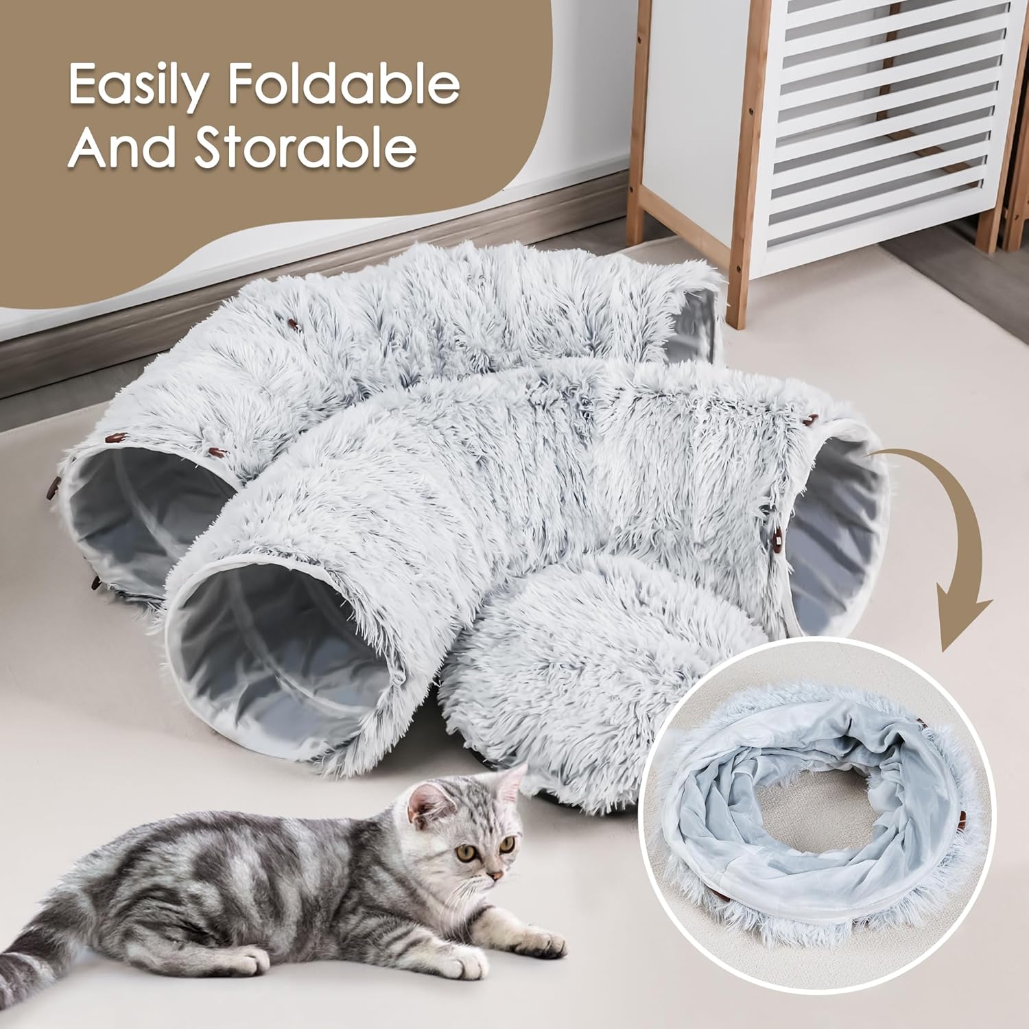 Grey Cat Cave Tunnel with Washable Soft Mat – Indoor Pet Bed & Play Area