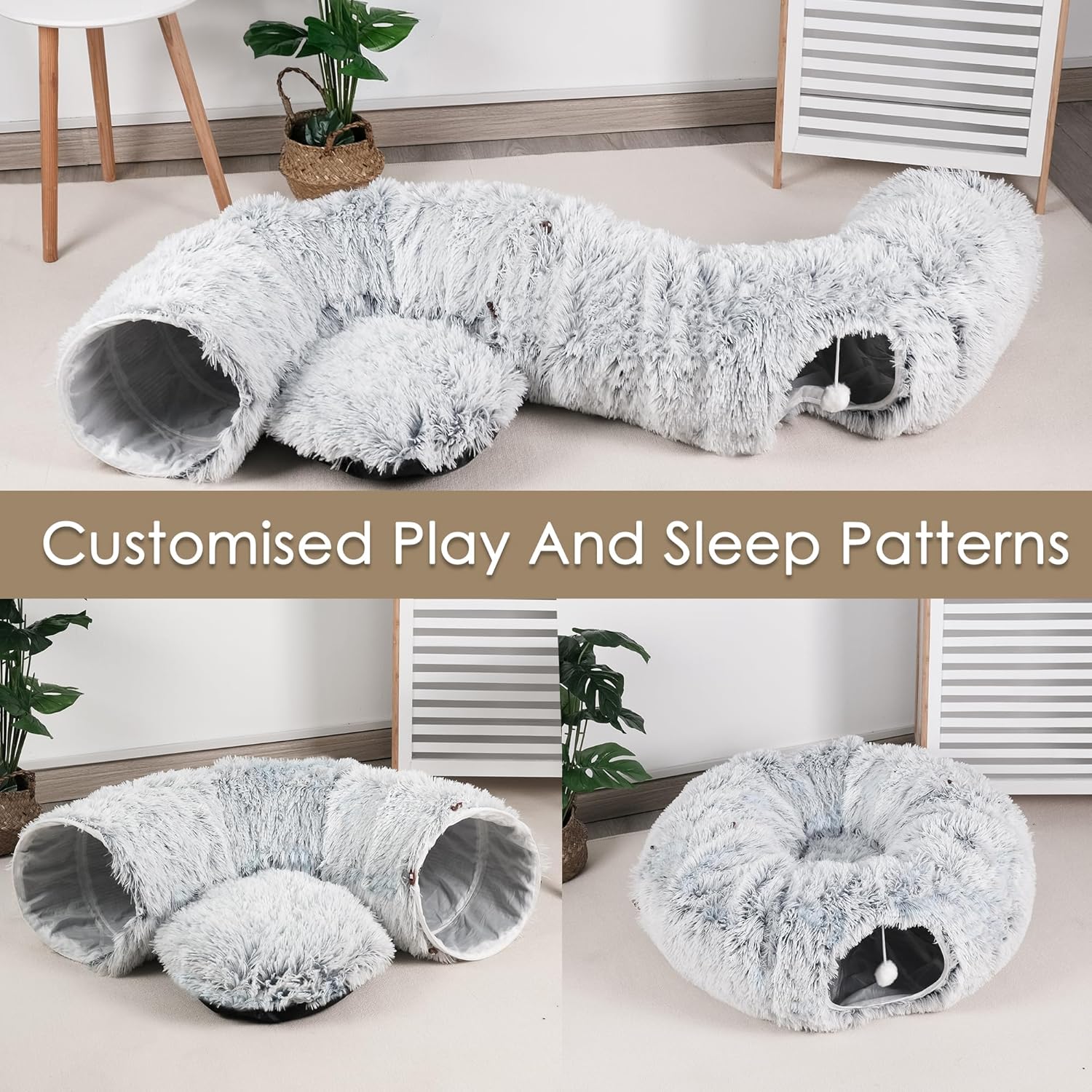 Grey Cat Cave Tunnel with Washable Soft Mat – Indoor Pet Bed & Play Area