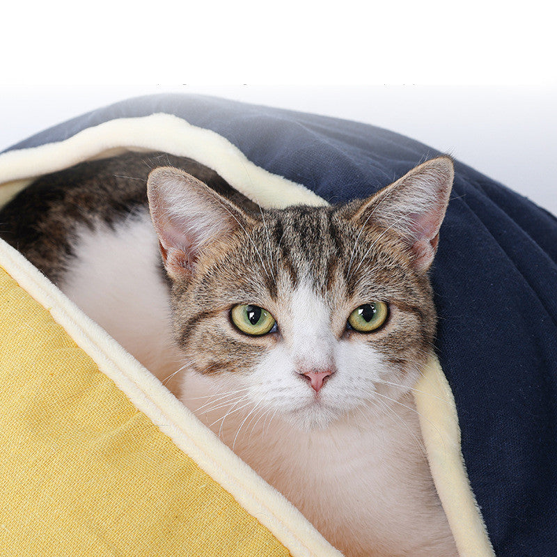 Round Cotton & Linen Semi-Enclosed Pet Nest – Warm & Cozy