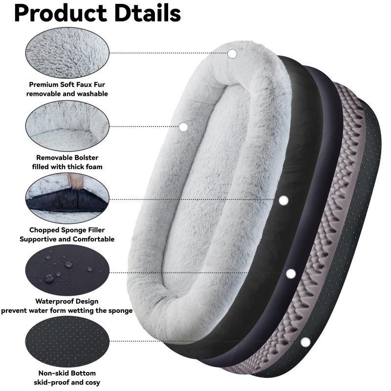 Large Orthopedic Human & Dog Bed – Washable Faux Fur, Grey