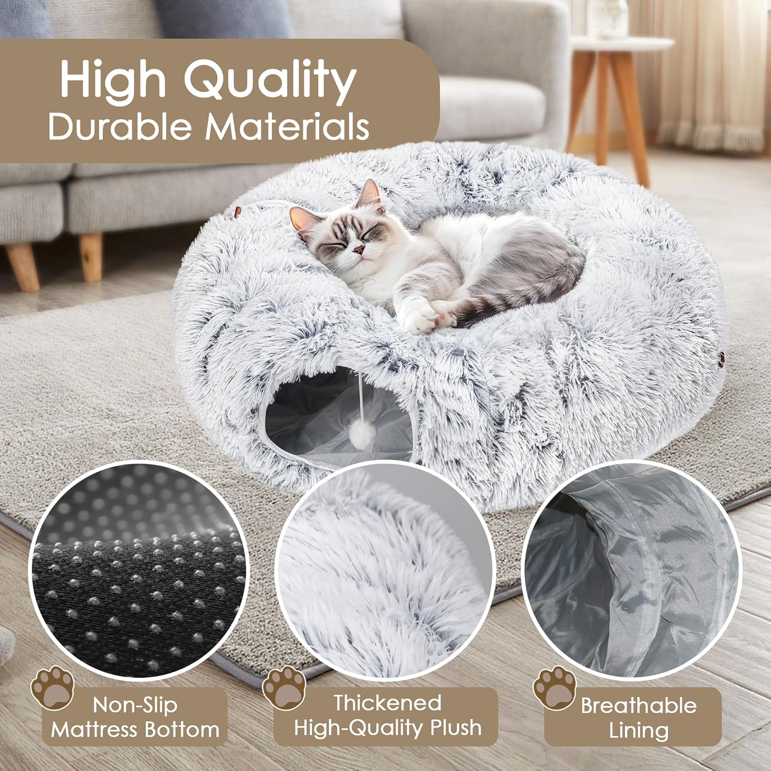 Grey Cat Cave Tunnel with Washable Soft Mat – Indoor Pet Bed & Play Area