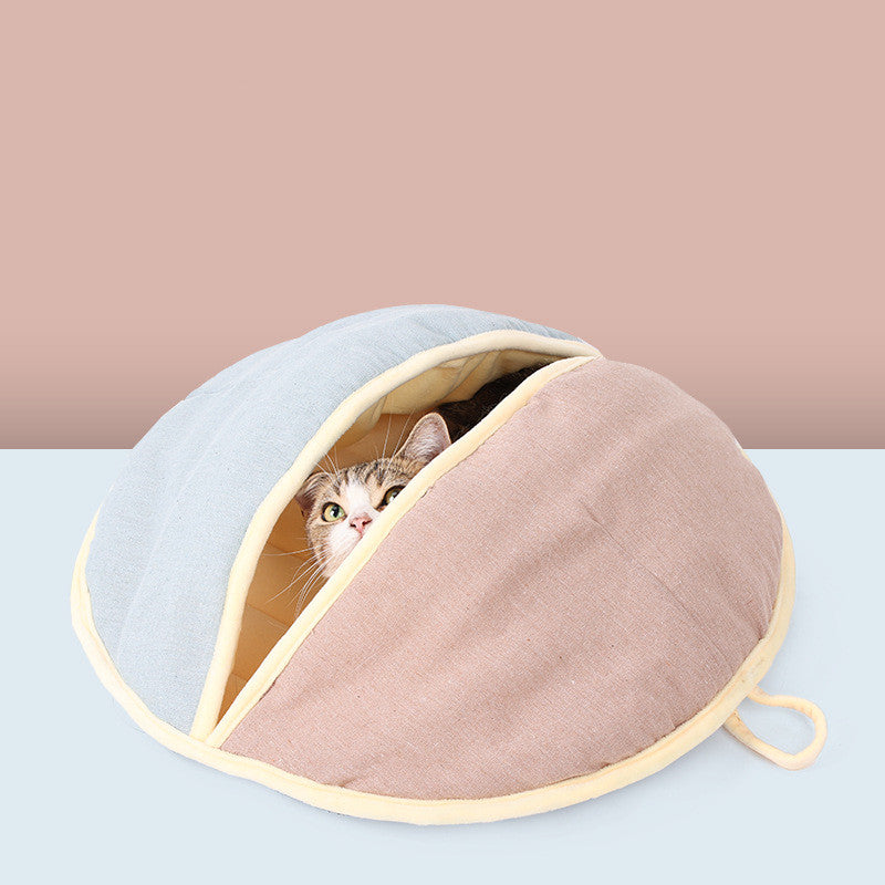 Round Cotton & Linen Semi-Enclosed Pet Nest – Warm & Cozy